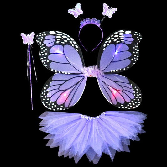 Adult Kids 4Pcs Fairy Costume Set LED Simulation Butterfly Wings Pointed Tutu Skirt Headband Wand Princess Girls Party Dress Up