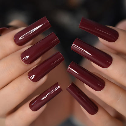 Extra Long Nail Tips Burgundy Red Wine Straight Tapered Square Full Cover / DIY Nail Art at Home