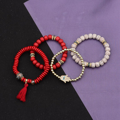 Vintage Bohemia Women Bracelets Set with Stone Beads and Tassel Pendants Bracelets 4Pcs/Lot