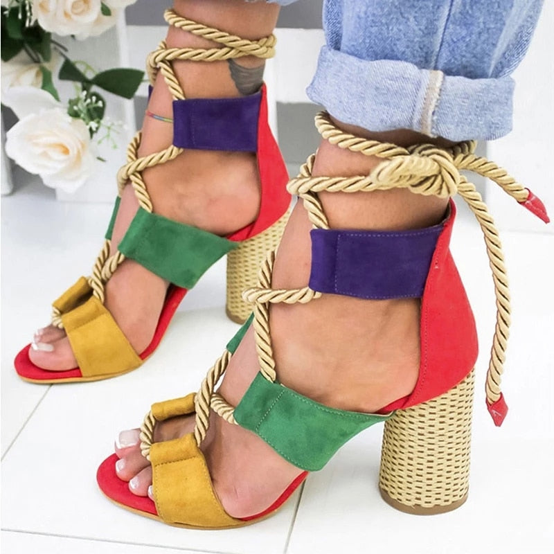 Women Pumps Lace Up High Heels Women Gladiator Sandals For Party Wedding Shoes Woman Summer Sandals Thick Heels