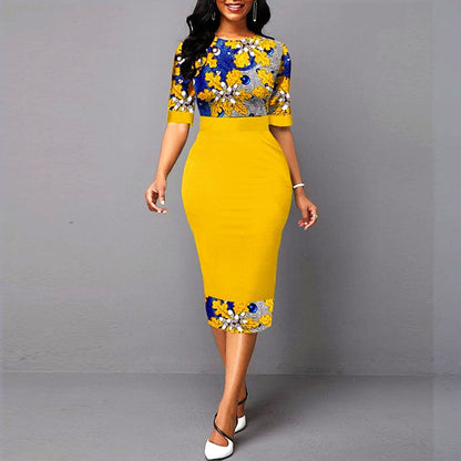 Summer Dress Yellow Elegant Floral Print Sexy Bodycon Dresses