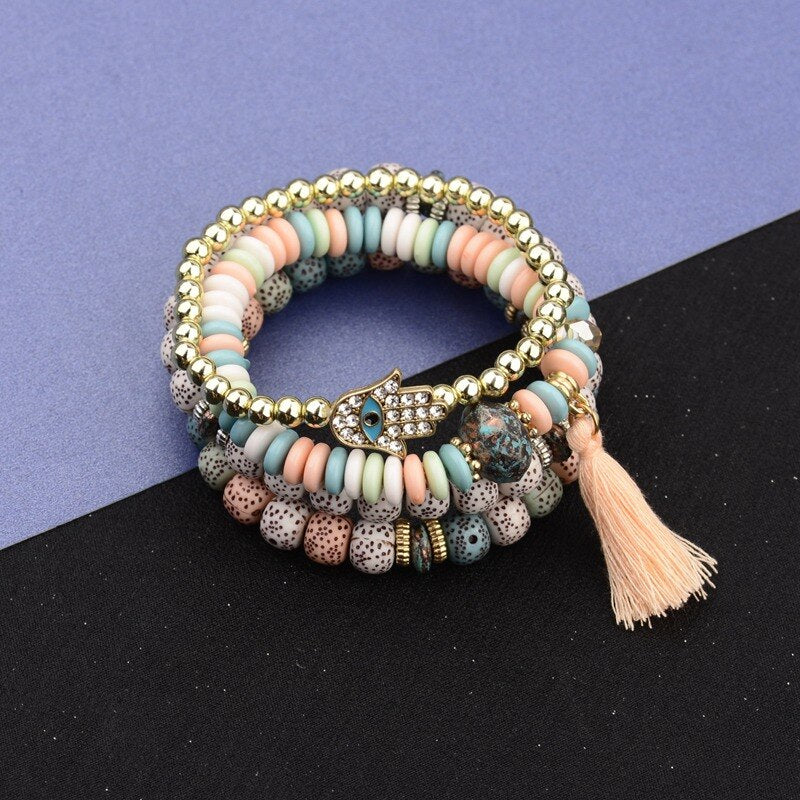 Vintage Bohemia Women Bracelets Set with Stone Beads and Tassel Pendants Bracelets 4Pcs/Lot