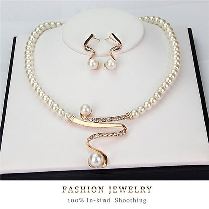 Elegant Wedding Party Pearl Rhinestone Necklace Earrings Set | Trendy 3-Piece Gift Set