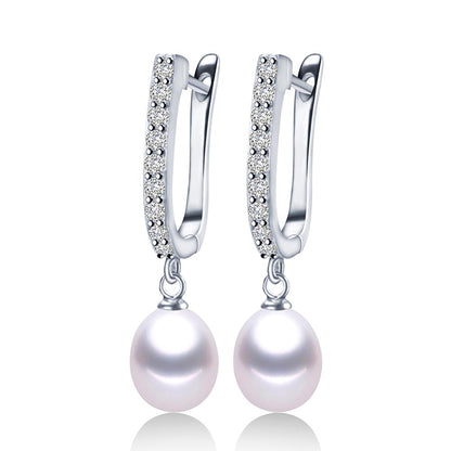 Freshwater White Real Pearl Zircon Drop Silver Earrings