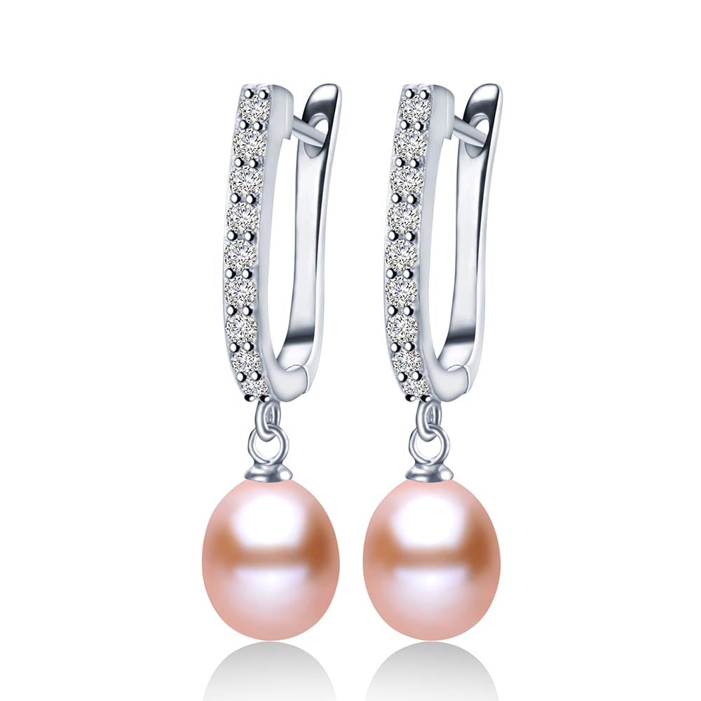 Freshwater White Real Pearl Zircon Drop Silver Earrings