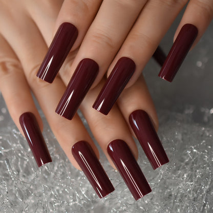 Extra Long Nail Tips Burgundy Red Wine Straight Tapered Square Full Cover / DIY Nail Art at Home