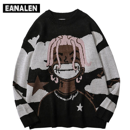 Harajuku vintage cartoon anime knitted sweater men winter men's rock hip hop rap pullover women jumper ugly sweater