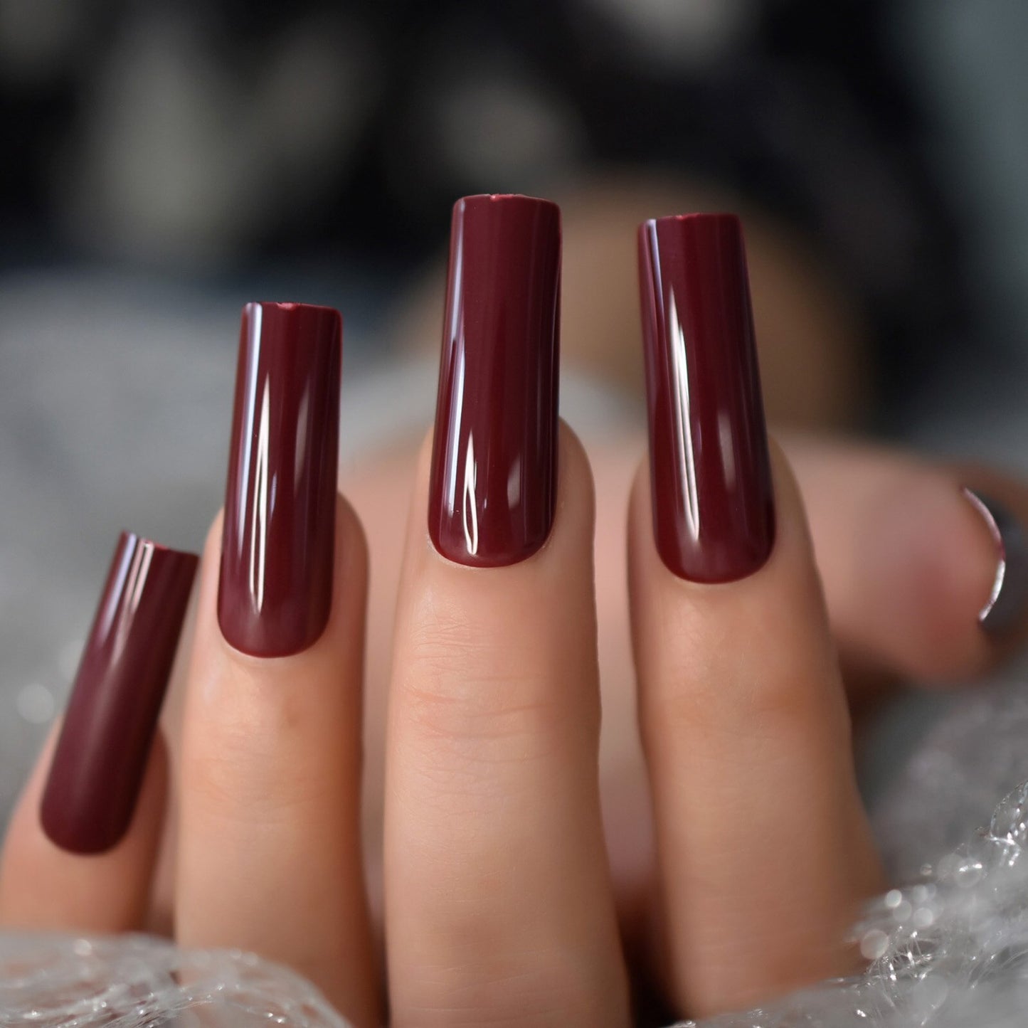 Extra Long Nail Tips Burgundy Red Wine Straight Tapered Square Full Cover / DIY Nail Art at Home