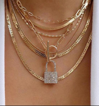 Enhance Your Style with the Glamorous Layered Crystal Lock Chain Necklace Set