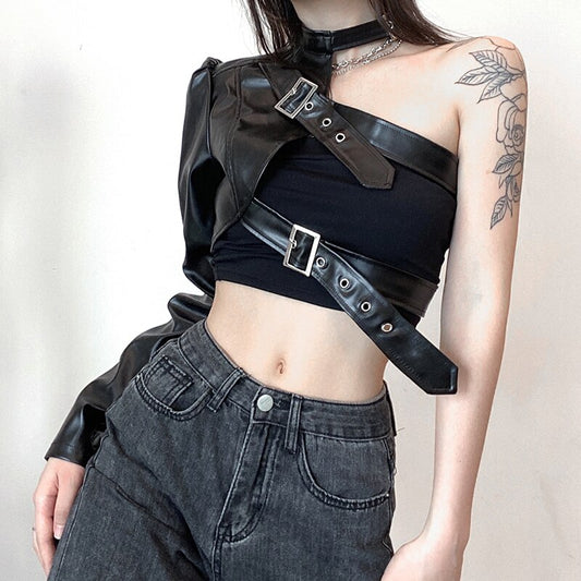 Hip Hop Fashion PU Leather Jacket Women Metal Buttons One shoulder Sexy Punk Streetwear Halter Crop Top Goth Techwear