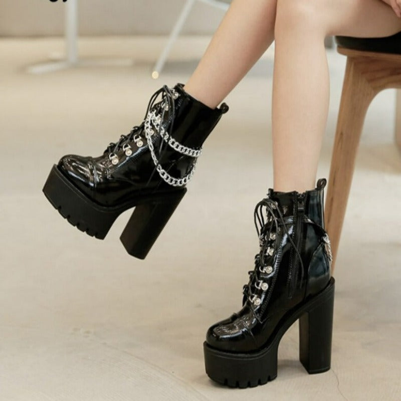 Style Black Gothic Patent Leather Ankle Boots - High Heels Sexy Chains and Punk Vibes for Party Perfect Looks