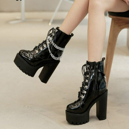 Style Black Gothic Patent Leather Ankle Boots - High Heels Sexy Chains and Punk Vibes for Party Perfect Looks