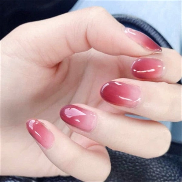 French Short False Nail Full Cover Crystal Elegant Pink Gradient Nails Ellipse Shape