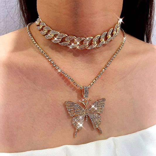 Punk Cuban Double Layer Big Butterfly Pendant Necklace