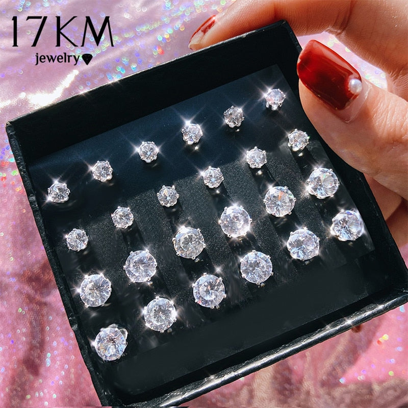 Cubic Zirconia Round Stud Earrings Set For Women Silver Color Crystal