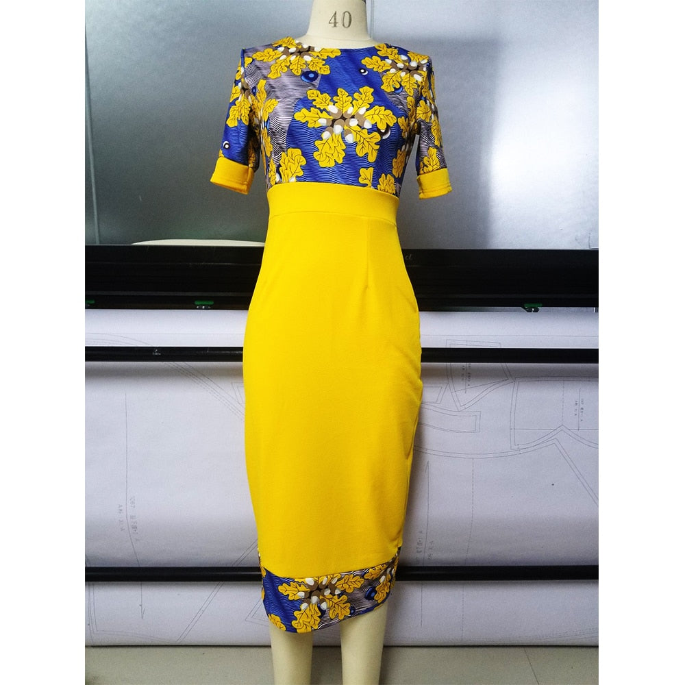 Summer Dress Yellow Elegant Floral Print Sexy Bodycon Dresses