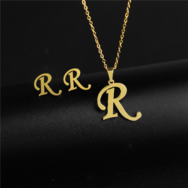 Alphabet Pendant Chain Charm Necklaces And Letter Earrings Gift Sets