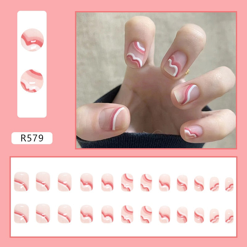 Short False Press on Nail Tip with Glue Designs Detachable Reusable Fake Nails 24Pcs/Set  with Nail Art DIY Tips