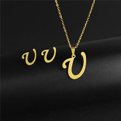 Alphabet Pendant Chain Charm Necklaces And Letter Earrings Gift Sets