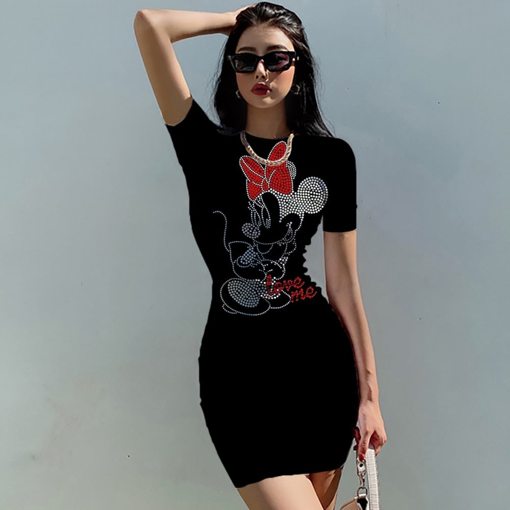 Disney Minnie Mickey Mouse bow print Elegant Pencil Dress Womens Simple Sheath Office Dresses Summer Short sleeve Casual Vestido