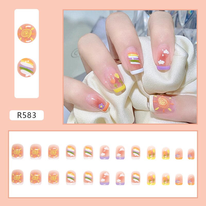 Short False Press on Nail Tip with Glue Designs Detachable Reusable Fake Nails 24Pcs/Set  with Nail Art DIY Tips