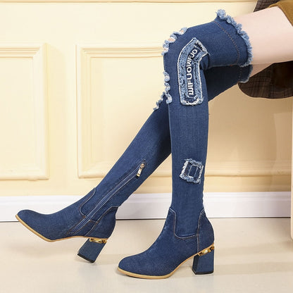 Womens Denim Boots Over The Knee Pointed Toe Thick High Heels Shoes Woman Casual Tassel Cut Out Jeans Long boot Botas Mujer