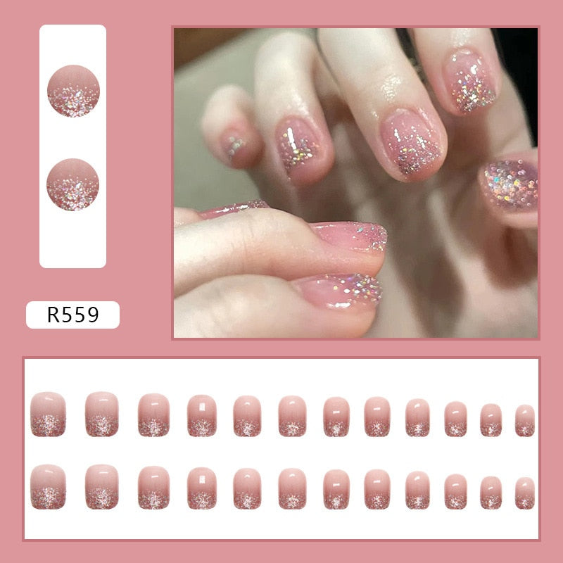 Short False Press on Nail Tip with Glue Designs Detachable Reusable Fake Nails 24Pcs/Set  with Nail Art DIY Tips