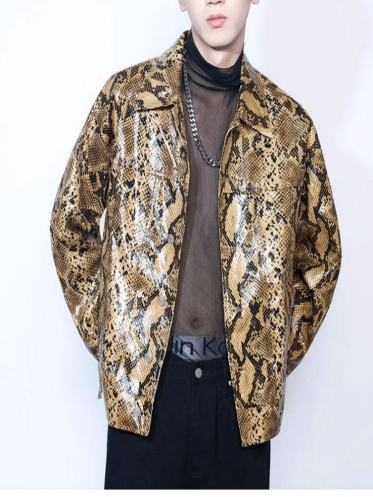 Spring Autumn Loose Cool Shiny Colorful Snakeskin Print Pu Leather Jacket Men Luxury Designer Clothes Streeetwear