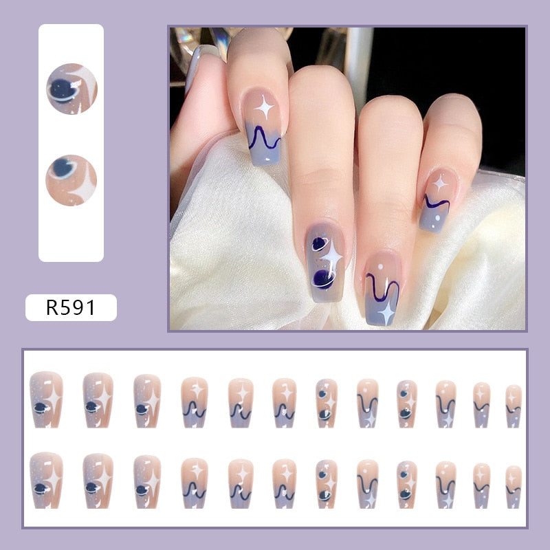 Short False Press on Nail Tip with Glue Designs Detachable Reusable Fake Nails 24Pcs/Set  with Nail Art DIY Tips