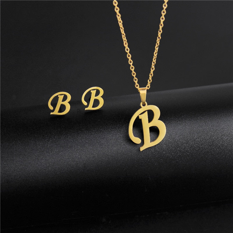 Alphabet Pendant Chain Charm Necklaces And Letter Earrings Gift Sets