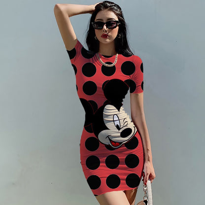 Disney Minnie Mickey Mouse bow print Elegant Pencil Dress Womens Simple Sheath Office Dresses Summer Short sleeve Casual Vestido