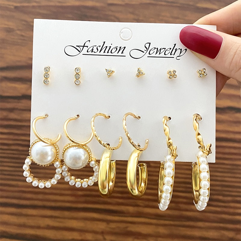 Trendy Jewerly 2023 Accessories 17 KM Gold Color Pearl Hoop Earrings Set for Women Girls