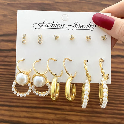 Trendy Jewerly 2023 Accessories 17 KM Gold Color Pearl Hoop Earrings Set for Women Girls