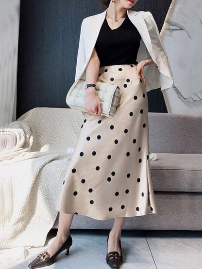 Summer High-waisted Skirt Womens 2023 Vintage Zipper Dots Satin Silk A-line Long Skirts Office Lady Champagne Slim Women Skirt