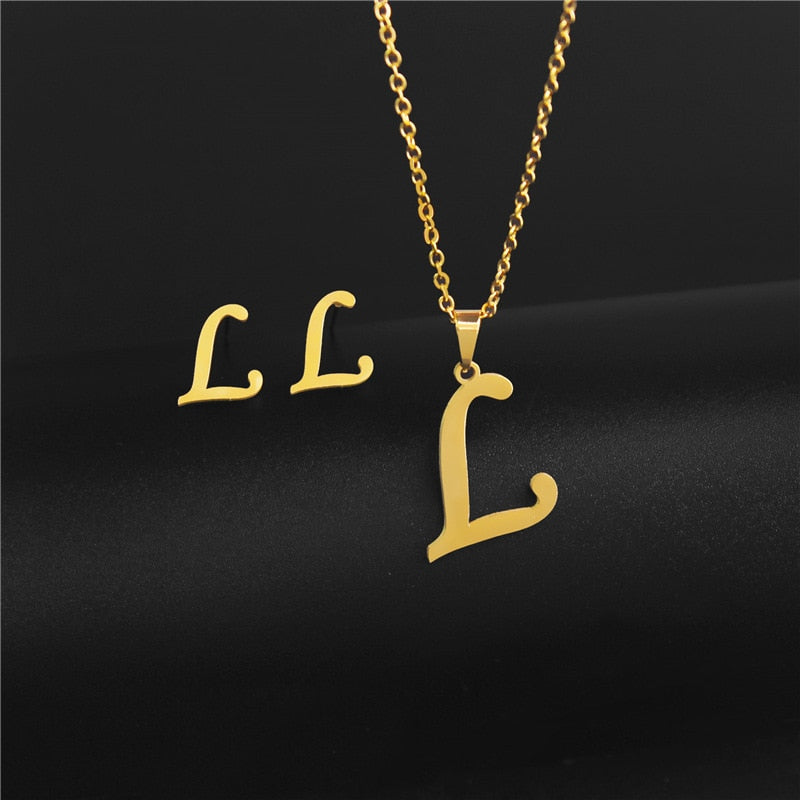 Alphabet Pendant Chain Charm Necklaces And Letter Earrings Gift Sets