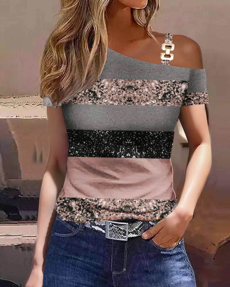 Metal Buckle Oblique Collar Casual Short-Sleeved Printed T-Shirt Top Clothes