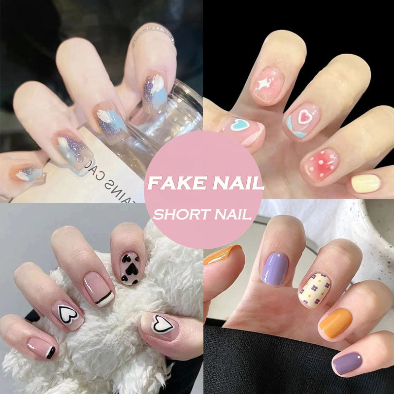 Short False Press on Nail Tip with Glue Designs Detachable Reusable Fake Nails 24Pcs/Set  with Nail Art DIY Tips