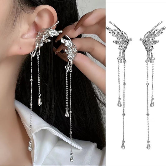 Fashion Silver Color Metal Angel Wings Tassels Harajuku Style Ear Clips Earings Liquid Metal Butterfly Long Ear Cuff For Women Trendy Jewellery