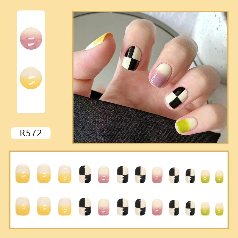 Short False Press on Nail Tip with Glue Designs Detachable Reusable Fake Nails 24Pcs/Set  with Nail Art DIY Tips