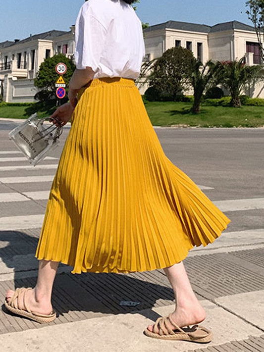 Womens Fashion Pleated Midi Long Skirt Female Korean Japanese Casual High Waist Skirts Jupe Faldas 10 Colors 2023 Spring SK295