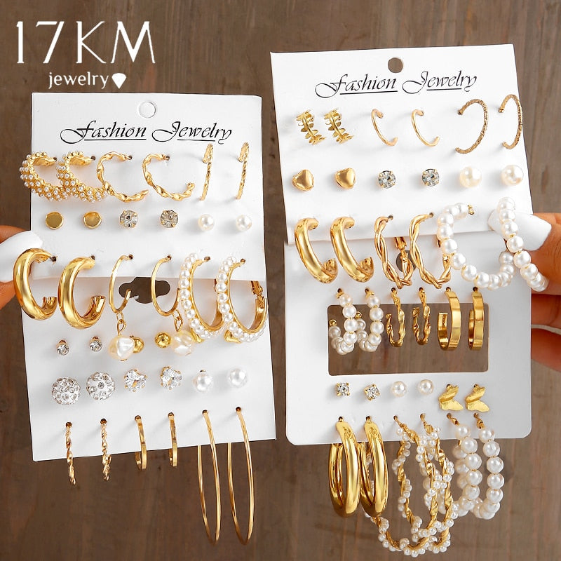 Trendy Jewerly 2023 Accessories 17 KM Gold Color Pearl Hoop Earrings Set for Women Girls