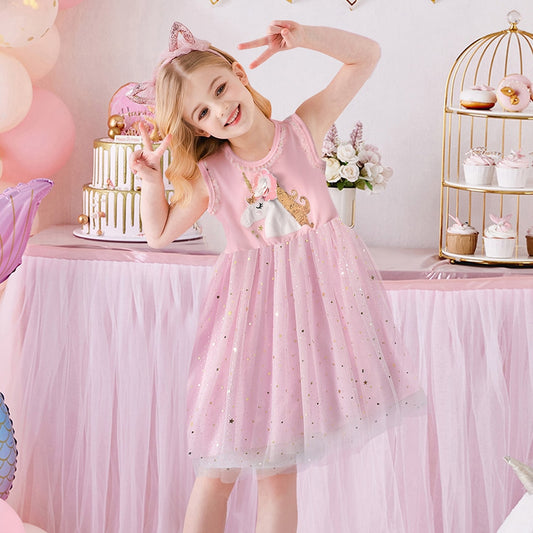 Girls Clothes for Summer Princess Dresses Kids Flare Sleeve Unicorn Print Dress Girls Party Dresses