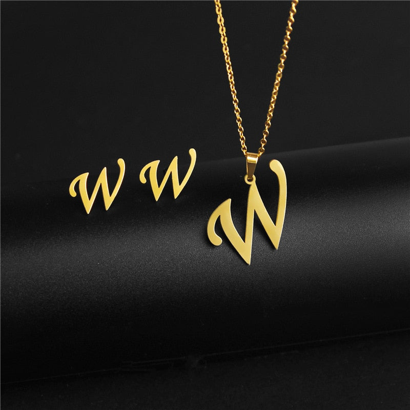 Alphabet Pendant Chain Charm Necklaces And Letter Earrings Gift Sets