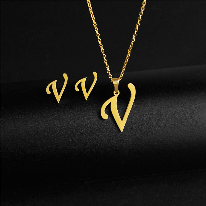 Alphabet Pendant Chain Charm Necklaces And Letter Earrings Gift Sets