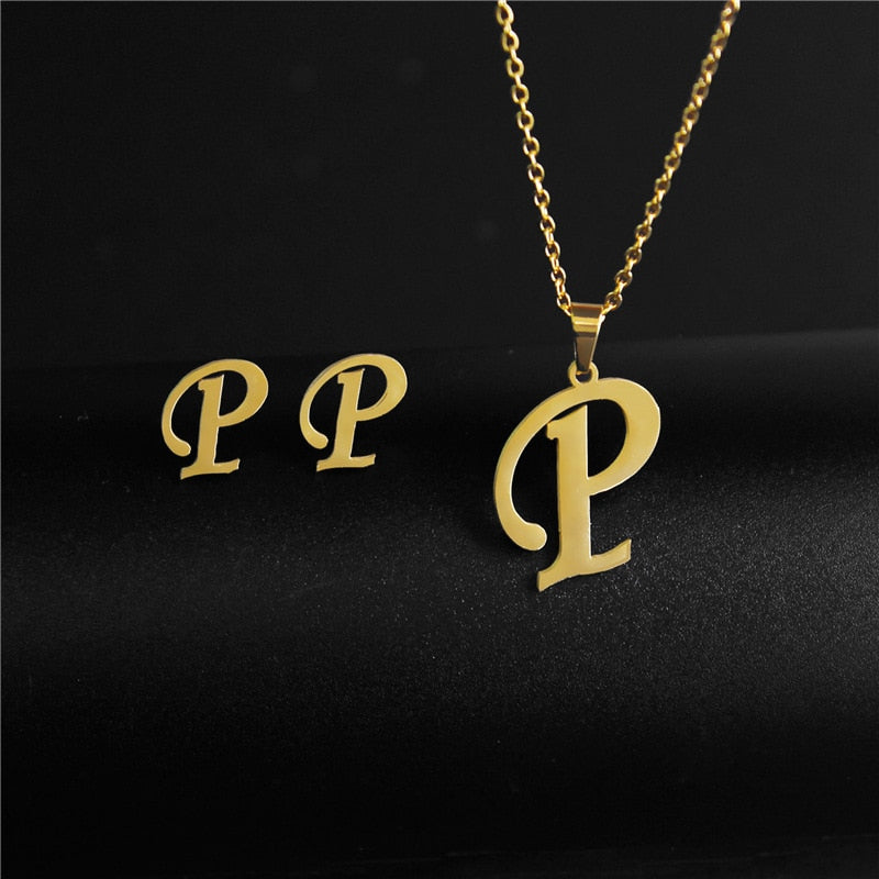 Alphabet Pendant Chain Charm Necklaces And Letter Earrings Gift Sets