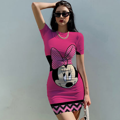 Disney Minnie Mickey Mouse bow print Elegant Pencil Dress Womens Simple Sheath Office Dresses Summer Short sleeve Casual Vestido