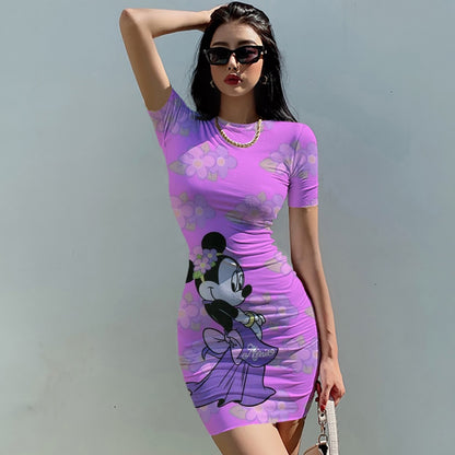 Disney Minnie Mickey Mouse bow print Elegant Pencil Dress Womens Simple Sheath Office Dresses Summer Short sleeve Casual Vestido