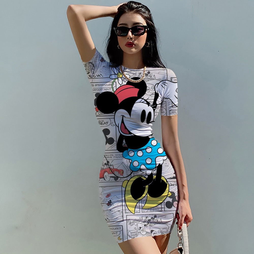 Disney Minnie Mickey Mouse bow print Elegant Pencil Dress Womens Simple Sheath Office Dresses Summer Short sleeve Casual Vestido