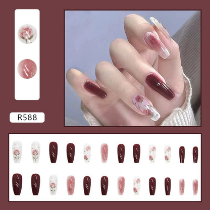 Short False Press on Nail Tip with Glue Designs Detachable Reusable Fake Nails 24Pcs/Set  with Nail Art DIY Tips