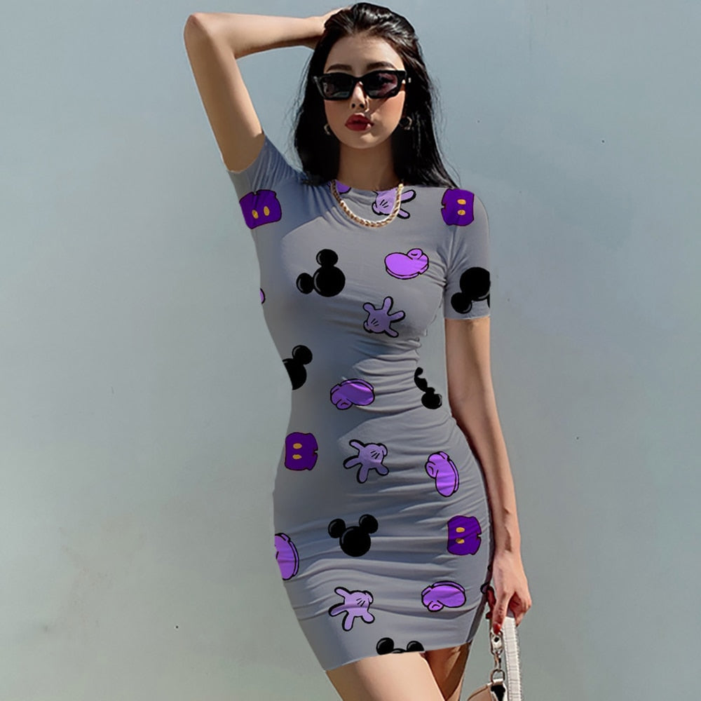 Disney Minnie Mickey Mouse bow print Elegant Pencil Dress Womens Simple Sheath Office Dresses Summer Short sleeve Casual Vestido